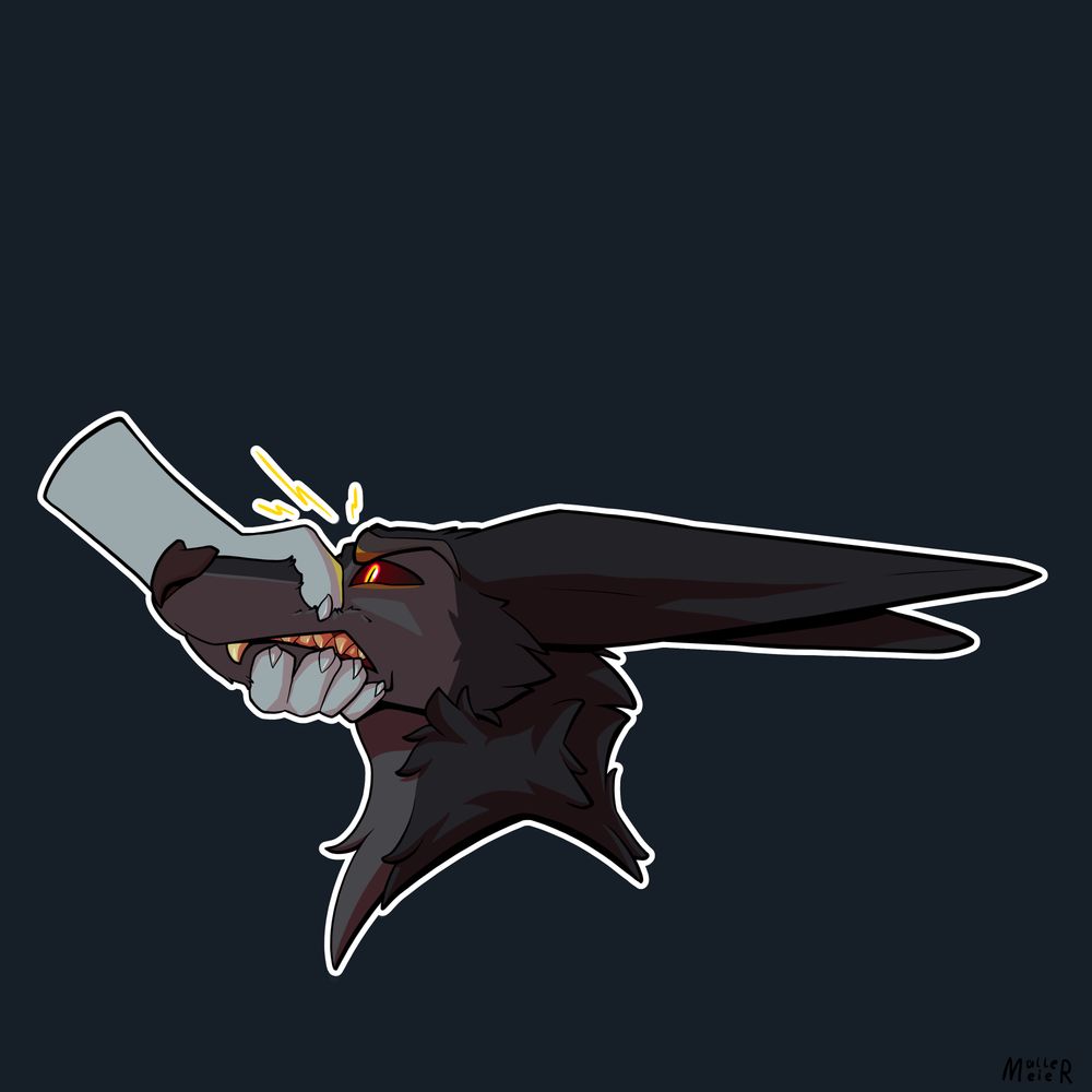 Digital drawing of a hand holding the snout of a furry bat shut. The bat has an angry expression. 