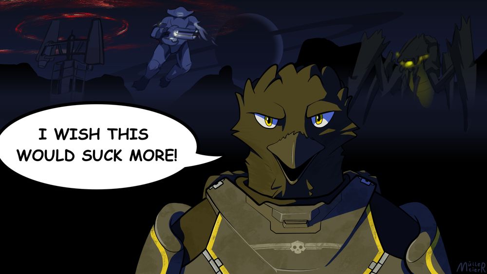 digital drawing of a corvid in a helldivers uniform in front of the most annoying enemies of the game. A speach bubble says "I wish this would suck more"