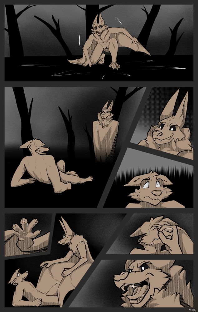 Digital mostly monochrome comic page. A vampire bat furry catches the fallen fox