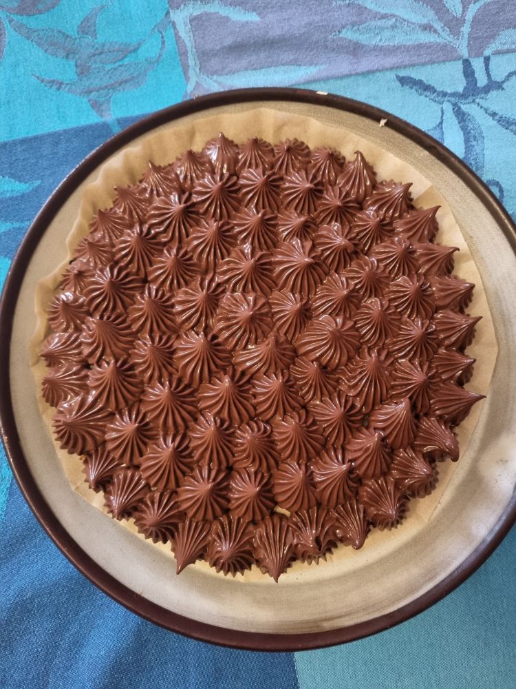 Tarte couverte de bulbes de cremeux au chocolat pochés avec une douille cannelle.