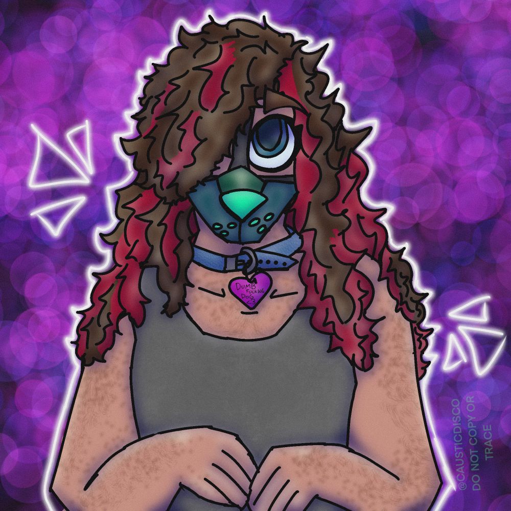 A fully rendered drawing of Steven, a vampire with tan skin, freckles and light body hair staring up at the camera. He is wearing a collar that says “dumb fucking dog” on the tags and a blue and green pup muzzle. He has brown and red wavy, unruly hair and wide blue eyes. 