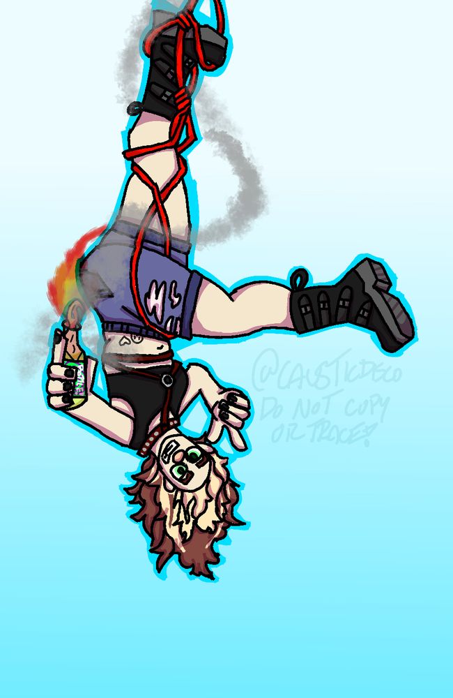 A drawing of Lily Burns, a midsize woman with shaggy brown and blonde hair hanging upside down from her leg while holding a molotov