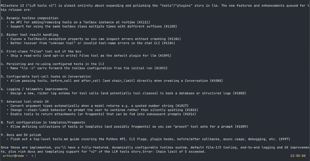 User output from the command, showing a summary of a milestone in the repo