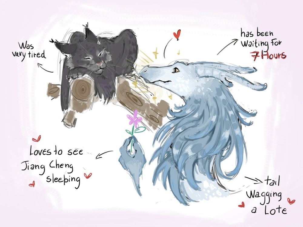 Big dragon giving a flower to a big cat sleeping in a tree :)