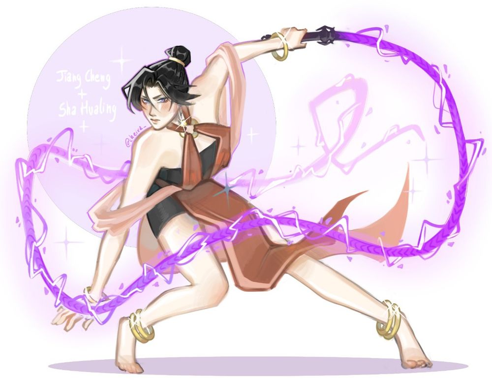 Jiang Cheng from MDZS with the clothes of Sha Hualing from SVSSS, and zidian, in an attacking position. 