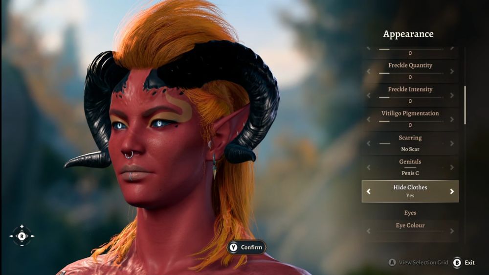 karlach from bg3, now sporting black eyes with icy glowing irises, a fiery hair color and slightly different style, and black glossy ram horns