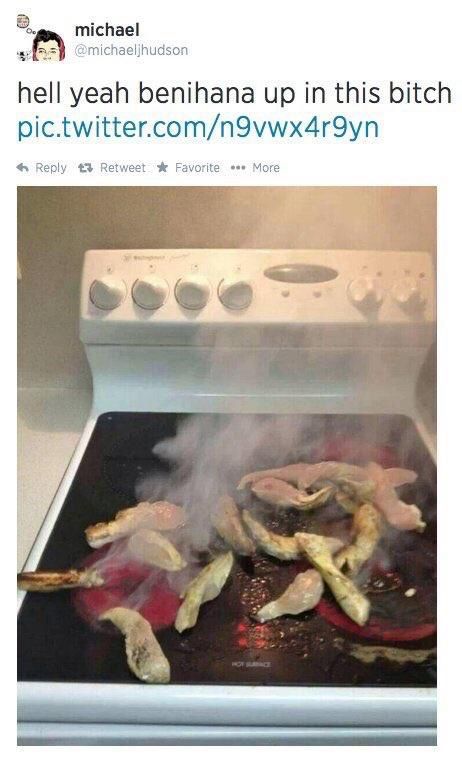 Raw chicken tenders cooking on an electric range with the quote “hell yeah Benihana up in this bitch”