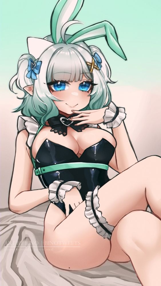 VTuber Mint Fantome wearing a bunny suit posing suggestively and smiling at the viewer.