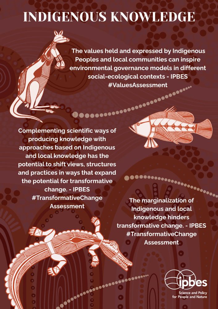 An infographic featuring Aboriginal art with three extracts from the IPBES Values Assessment and Transformative Change Assessment highlighting the value of Indigenous knowledge.