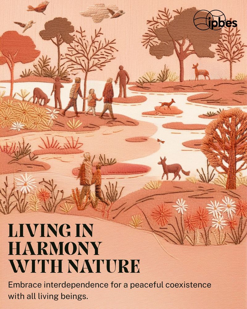 An illustration in warm coral and brown tones showing a peaceful landscape. The scene depicts silhouettes of people and animals coexisting in a natural setting with trees, shrubs, and wildflowers. In the background, tall trees create a canopy while silhouettes show individuals with horses. In the foreground, flowers dot the gentle slopes, and a deer moves through the vegetation. The image includes text reading "LIVING IN HARMONY WITH NATURE" with a subtitle "Embrace interdependence for a peaceful coexistence with all living beings." The IPBES logo appears in the top right corner. The artwork uses a minimalist style with layered shapes to create depth and atmosphere.