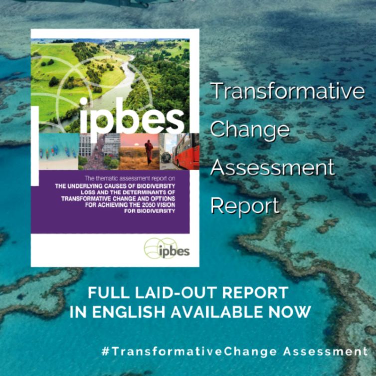 An image of the cover of the IPBES Transformative Change Assessment Report. Overlay text reads: “Transformative Change Assessment Report. Laid-out report in English available now.”