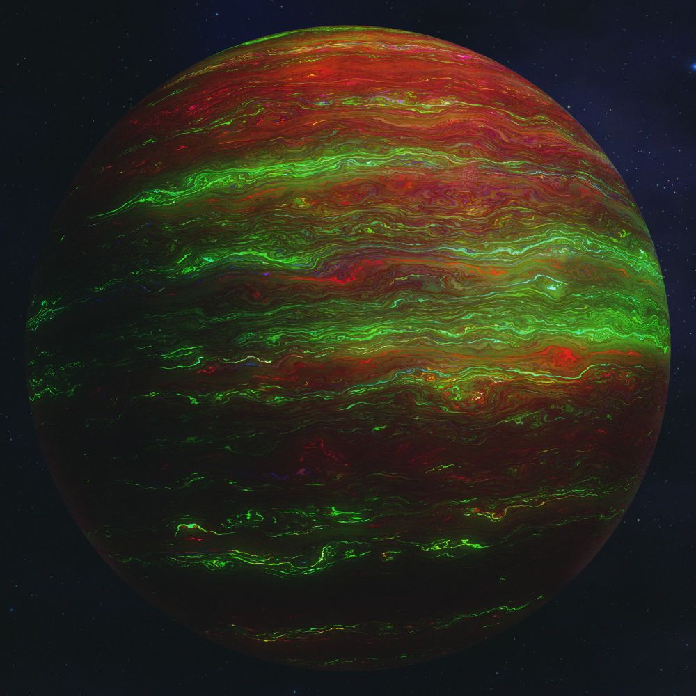A green and red gas giant planet, in a star filled space.