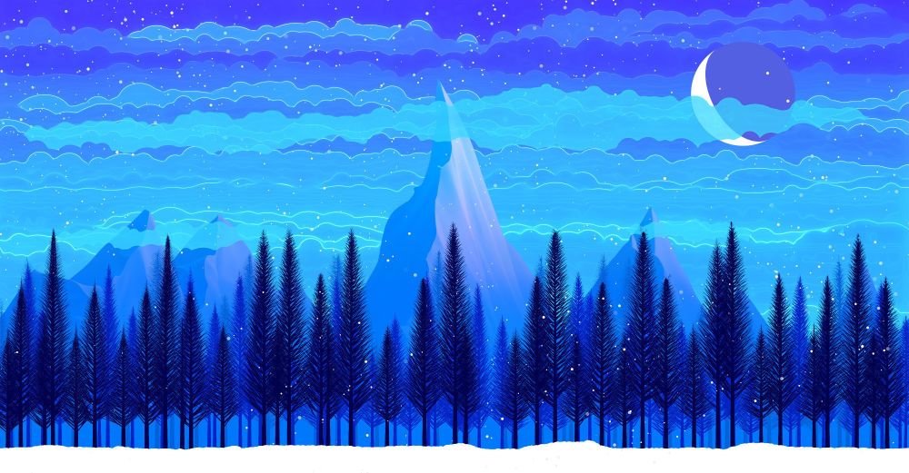 An alpine scene. Pine trees, mountains and a moon in blue tones.