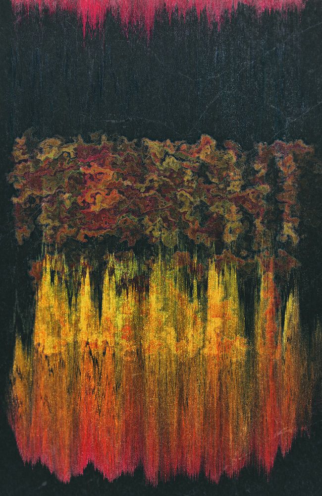 A grainy, abstract dark colour field, on a dark, cracked background.