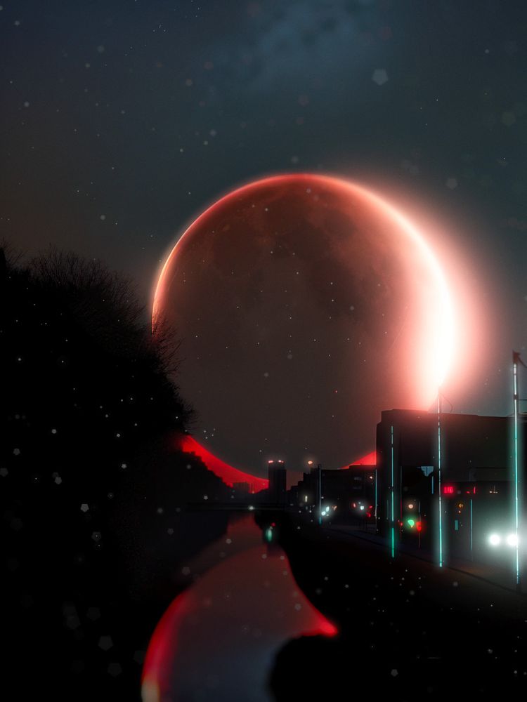 a giant, red, glowing moon, looming over a nighttime city street.