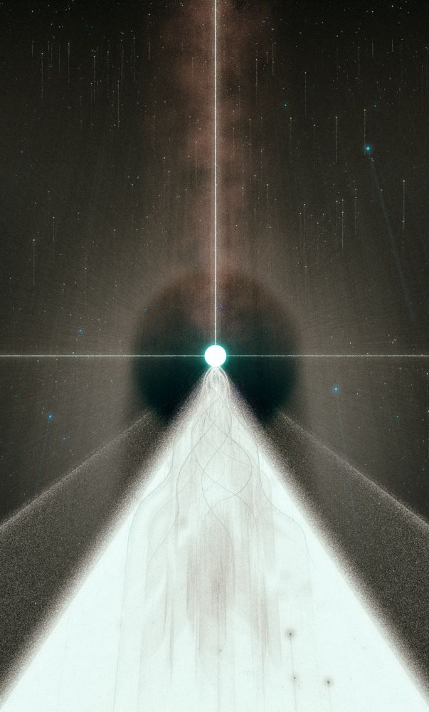Abstract space scene. a misted, pale red beam strikes a small glowing disk in the middle of the image. radiation/destruction emanates from the back of the disk, and all around.