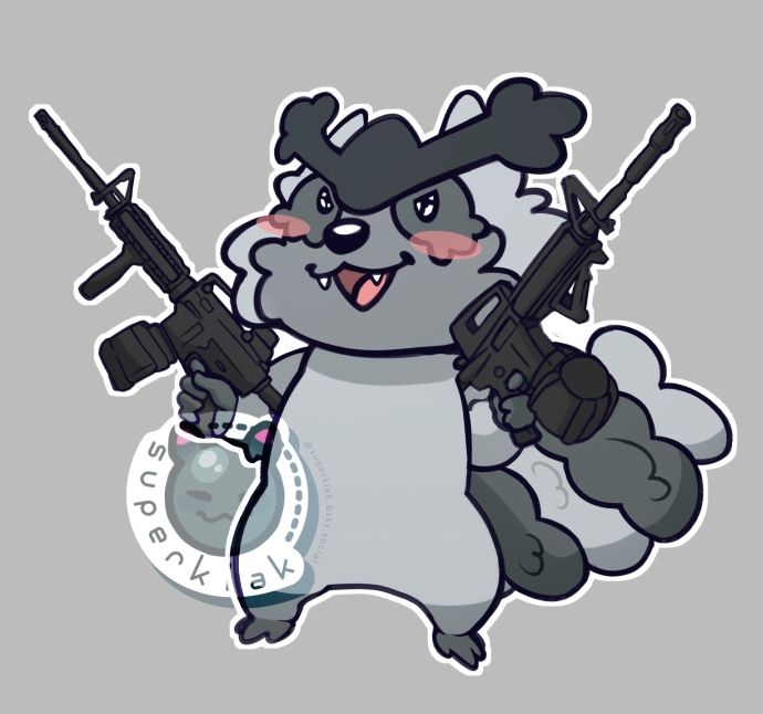 A raccoon with an extremely fluffy tail and large angry eyebrows.

They are in a wide stance holding a M4 assault rifle with a drum bag in both hands pointed upwards.