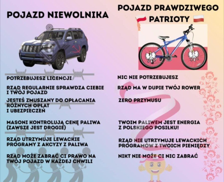 pojazd niewolnika (samochód) vs pojazd prawdziwego patrioty (rower) 