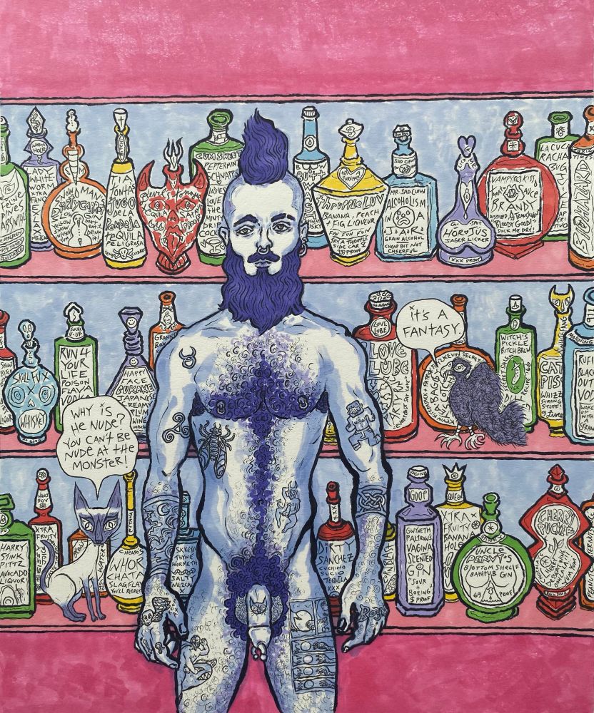 #DearDiary,

Gay Fantasies 1.

I turned the big 60 this year, and since I did not have a homosexual experience of any kind until I was in my early thirties… the math on this comes out to the sad fact that for more than half of my life, gay life equalled fantasy life. A hard number to get one’s head around.
Happy Pride.

So now that I am a fully actualized and long practicing queer, it may or may not come as a surprise to the modern world that I still devote more than a little mental space to fairy land. These old and problematic habits are to the bone, so right now I’m going to go with it. Besides, as my psychiatrist used to say, “Everything is ok in your fantasy life. Even killing people.”
Sending a wish on a wing and a prayer into the Universe. For the greater good.
For Pride.

My fantasy is that the Monster opens up a West Coast outpost, and the masterminds behind the Spunk Party fly in first class my super gorgeous and super stylish friend and penpal Rorke Mair to gogo headline. Rorke is a superstar waiting to happen.
Rorke—an artist and artist’s model who is also kind and weird in all the right ways—has generously texted me many reference photos that are far too super hot for Instagram’s increasingly puritanical censorship codes, forcing me to convert this innocent and well-meaning, sex-positive little drawing into a collage.
No shame here, FYI.

Places I’d Rather Be.
The Monster Bar West Spunk Party.
And I’d like to the there with Rorke Mair.

NON-COLLAGE available at @billmullenink.bsky.social.

#TrueConfessions by #BillMullen






