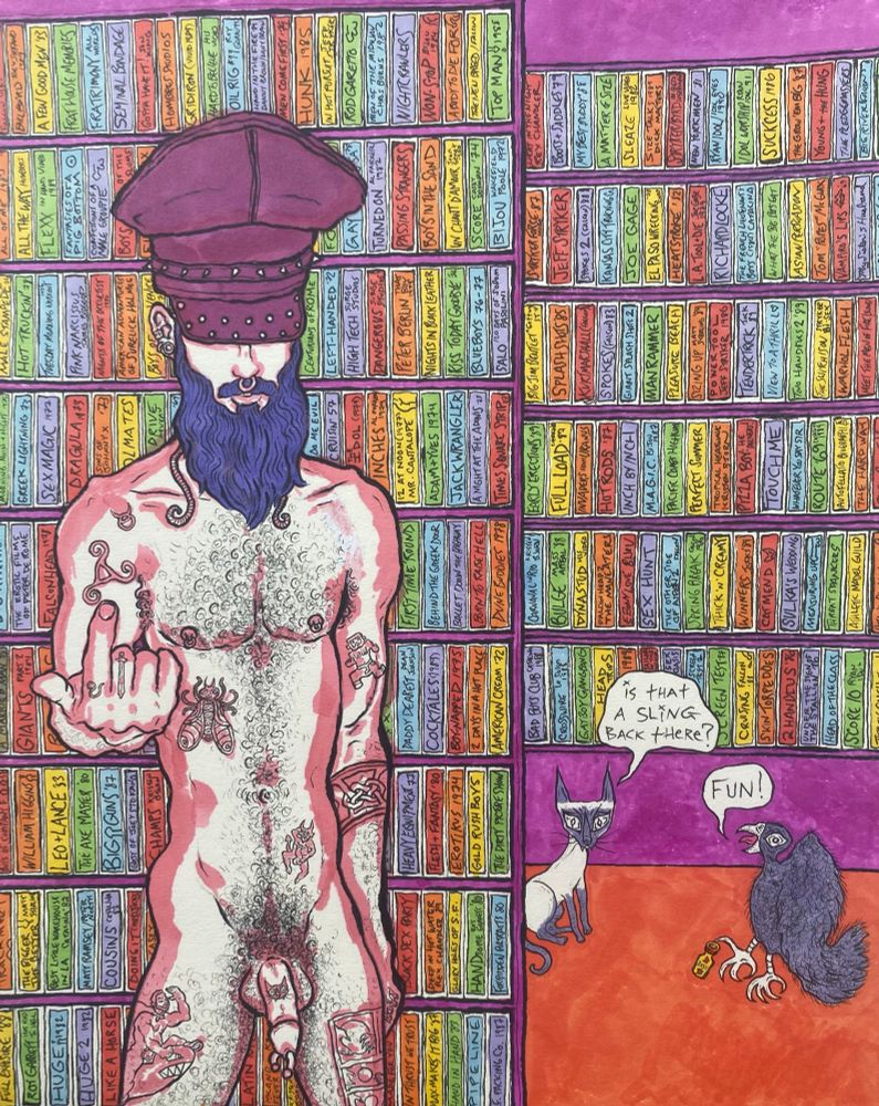 #DearDiary,

Gay Fantasies 2.

A companion piece to my last diary entry.

In the mid nineties before I had ever had any kind of homosexual physical interaction, I would sometimes accompany a friend of mine when he attended the (weekly?) sex parties held at the after hours offices of the Gay Cable Network.
Lou Maletta and Slave Dale never made us check our clothes when we showed up, which would have been a dealbreaker for me. My friend would quickly split off to go do stuff in the dark backroom with the sling while I’d sit on a couch in the red-lit front room, nervously spooking gay men happily sucking and fucking.

I am assuming this is pathetic reading. I certainly felt pathetic writing all this. Fear and guilt and shame were a major part of my life for a very long time.
Here is a revisionist GCN fantasy drawing to switch up the mood. For Pride.

I was imagining a special Spunk Party event at the newly opened Monster Bar West paying tribute to the legendary Gay Cable Network. I was envisioning Lou Maletta and Slave Dale method gogo dancers and newly restored director cuts of Pier Paolo Pasolini’s Salò and Peter Berlin’s Nights In Black Leather on the tv monitors. A signature cocktail called the 970-BEEF(Jack with a splash of bone broth). Maybe there’d be a poppers vending machine.
I’d have my gorgeous friend Rorke stay on an extra week to man the door and make sure VIP area seats were sympathetically saved for confused closet cases.

Places I’d Rather Be.
The Gay Cable Network.
And I’d like be there with Rorke Mair.

NON-COLLAGE available at @billmullenink.bsky.social.

#TrueConfessions by #BillMullen