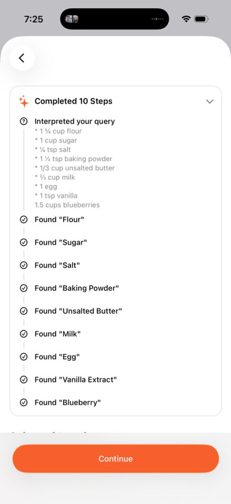 A screen showing a set of ingredients then the app identifying each to generate a nutritional estimation. 