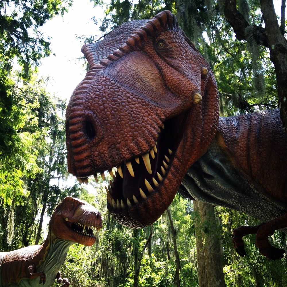 TRex wants to be your friend. Your last friend. But also your best friend. A pair of 40 foot dinosaur statues in a park setting at DinosaurWorld in Plant City, Florida. 