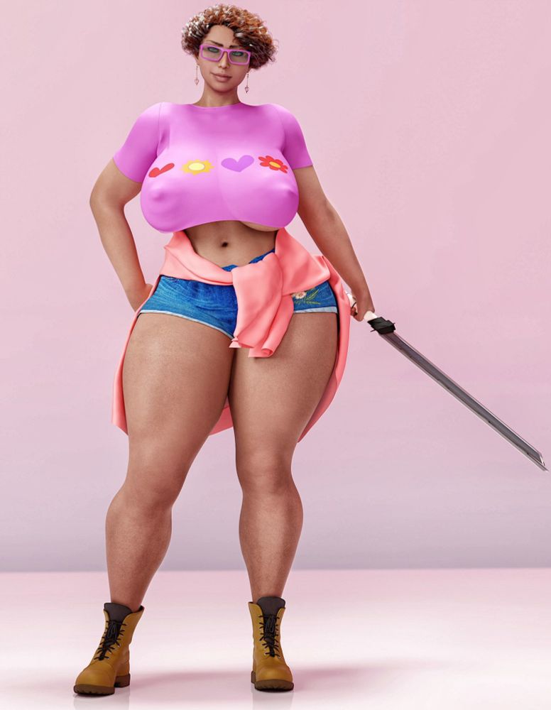 Thick Latina milf dressed as Linda Mitchell holding a sword