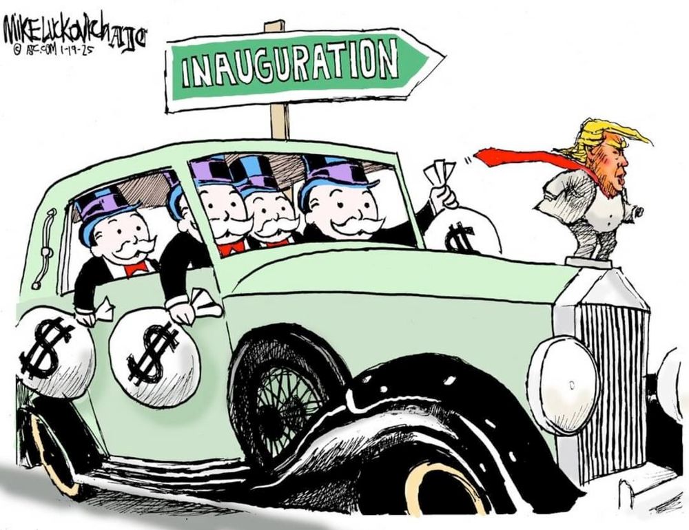 Cartoon by Mike Luckovich shows a mint green old model Rolls Royce inside there are four men in top hats with white mustaches who are characters from the Monopoly game driving with bags of money hanging out the windows and hood emblem of orange faced Trump with red tie whipping behind him and yellow hair blown in front of him.