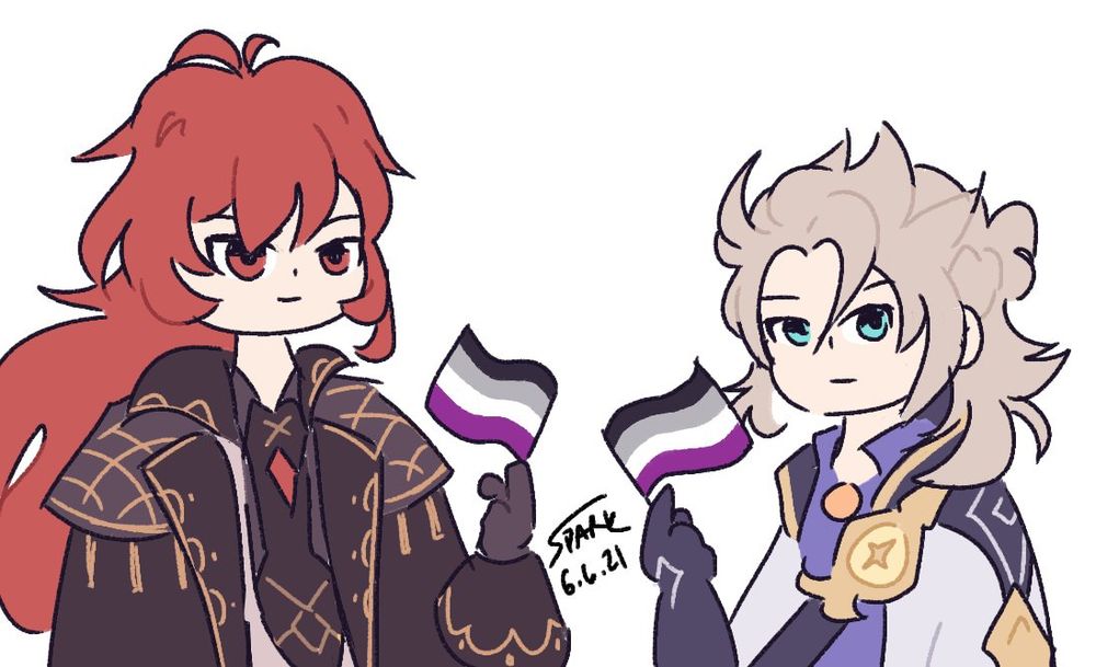 Fanart of Diluc and Albedo from Genshin Impact each holding small asexuality flags.