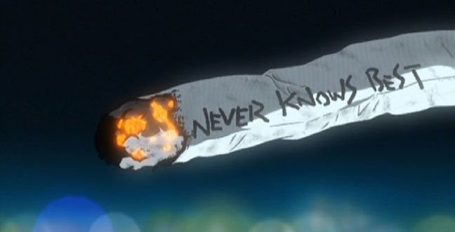 Still from Furi Kuri, Mamimi’s cigarette with Never knows best written on it