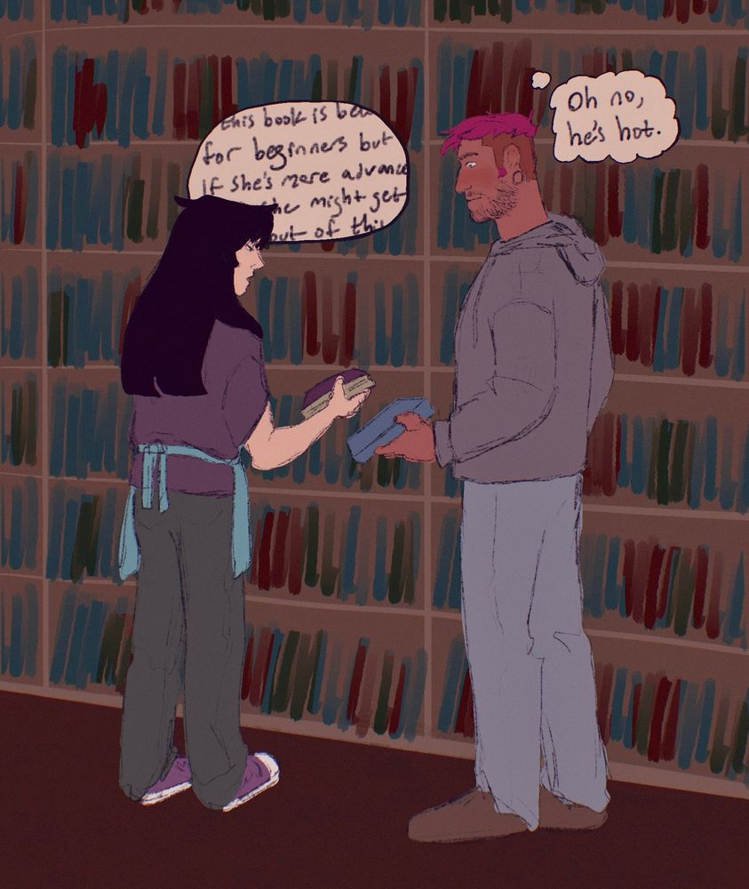 a quick procreate sketch of two men in a bookstore. the one on the left has long dark hair and a blue apron designating him as an employee. his attention is on a book in his hand that he is explaining to the other. the man on the right has pink hair and is looking at the other person. he is blushing as he stares.