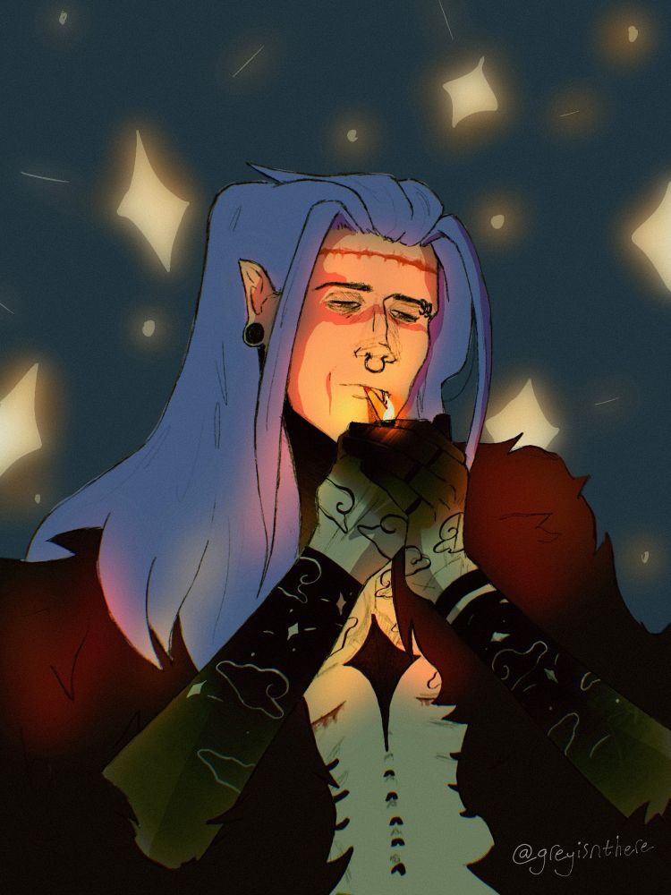 A digital art piece of a man with scars and tattoos, lighting a cigarette. He is wearing a fluffy coat, open down the middle, and his pink hair look almost blue in the moody lighting. There are bright stars in the background.