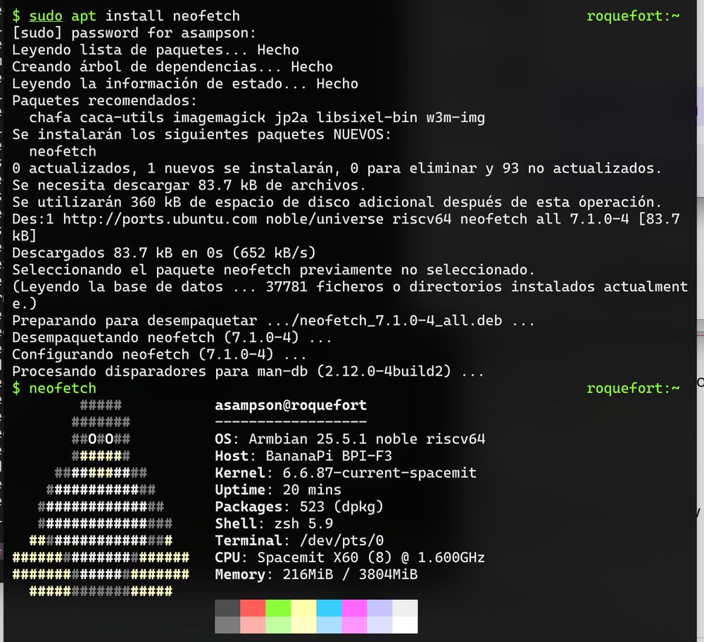 Terminal output from `sudo apt install neofetch` followed by a `netofetch` screen. The apt output is in Spanish, for some reason.