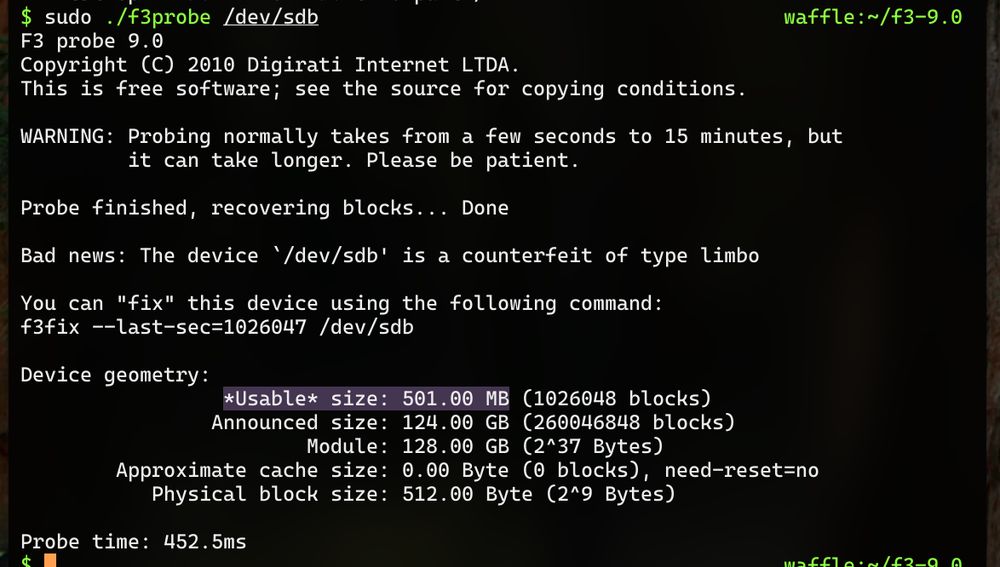 Terminal output from f3probe showing that a disk’s announced size is 124 GB but has 501 MB of usable space.