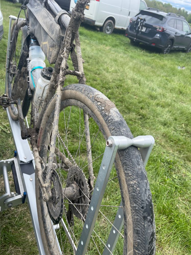 A mud-covered gravel bike. My bike still looks like this because I am too tired to clean it.