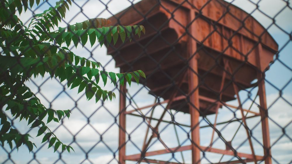 A photograph of a structure in Concrete Plant Park. It is out of focus, and behind a chain-link fence. A small tree can be seen on the left. 