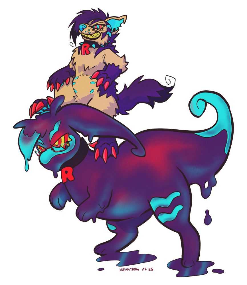 Digital illustration of a shiny anthropomorphic mightyena perched upon a goodra who has been transformed by a dark gloop. They are both wearing a collar with team rocket insignia.