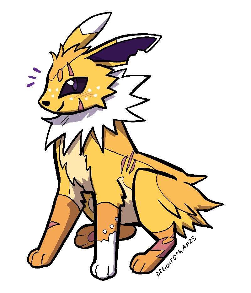 A digital illustration of a jolteon from pokemon sitting politely. He is littered with scars of battle. 