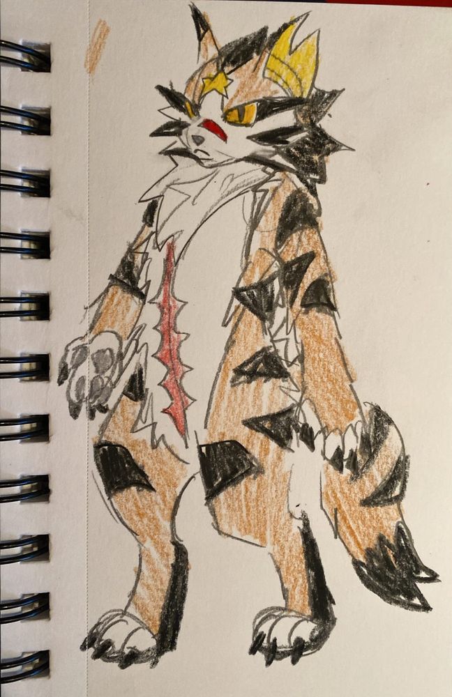 very fast sketch of a fursuit of the character tigerstar from warrior cats. he is brown and white with black stripes and a large scar down his stomach