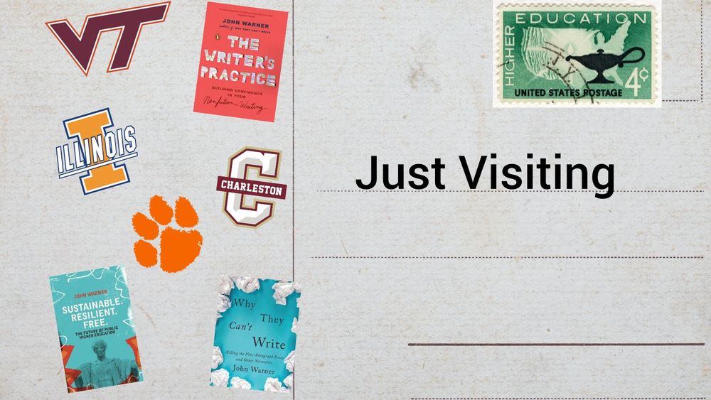 A postcard with the logos of different universities and three books. In the address lines, the words "Just Visiting"