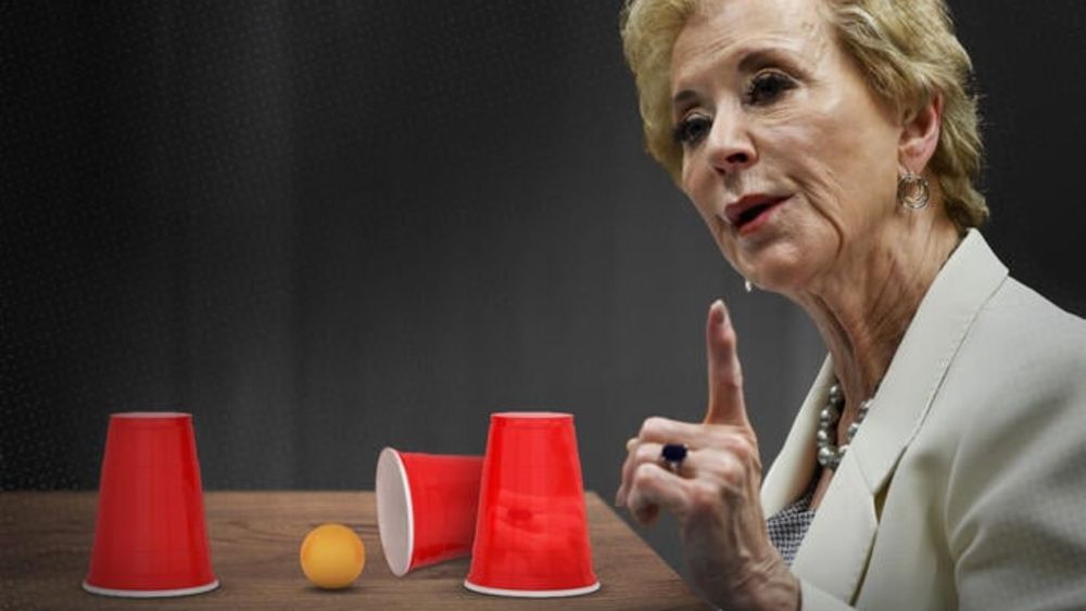 A photo illustration of Secretary of Education Linda McMahon running a shell game.