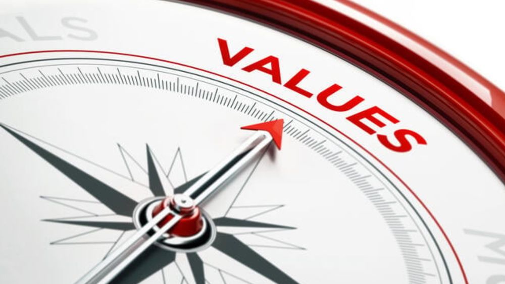 An illustration of a compass with the arrow pointing to the word “Values.”