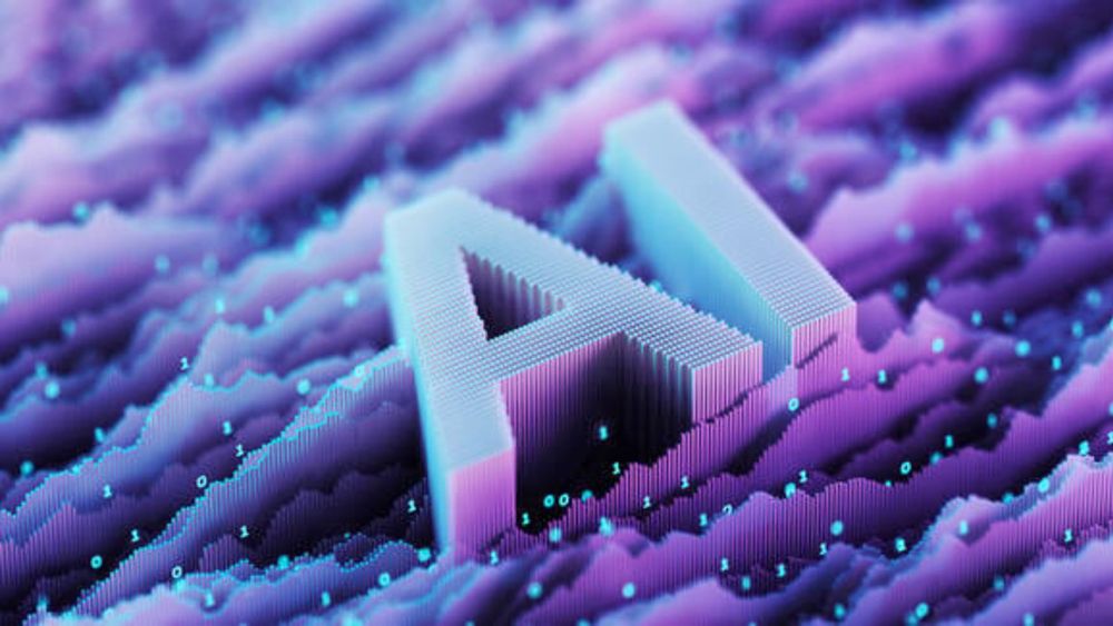 The letters "AI" against a purple cloud-like background, dotted with 0s and 1s to suggest binary code.