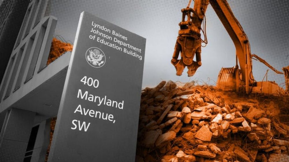 An illustration of the Department of Education building being torn down.