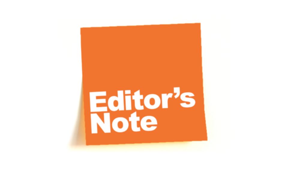 An orange sticky note with the phrase "Editor's Note" in bold white text.