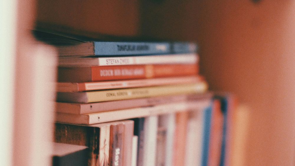 A stack of books on a shelf, some with visible titles.