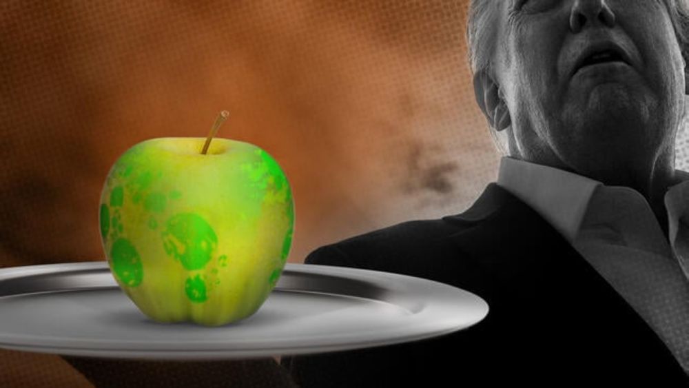 An illustration of Donald Trump holding a silver platter with a poisoned apple.