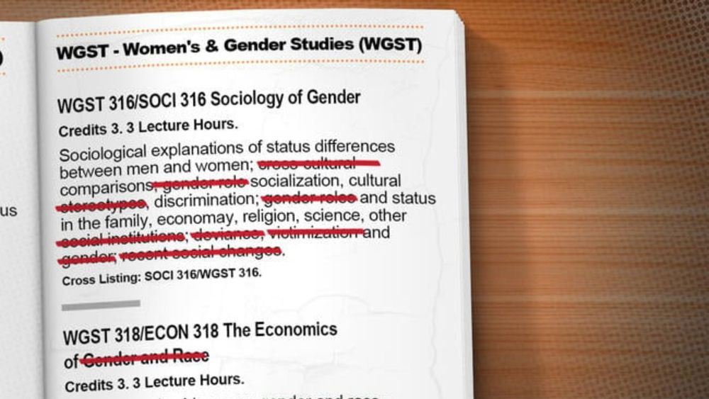 A course catalog with various elements relating to diversity, equity and inclusion crossed out from several course listings.