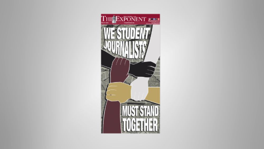 The cover of Purdue's The Exponent, with the headline "We Student Journalists Must Stand Together" and an image of four hands of different colors interlocking