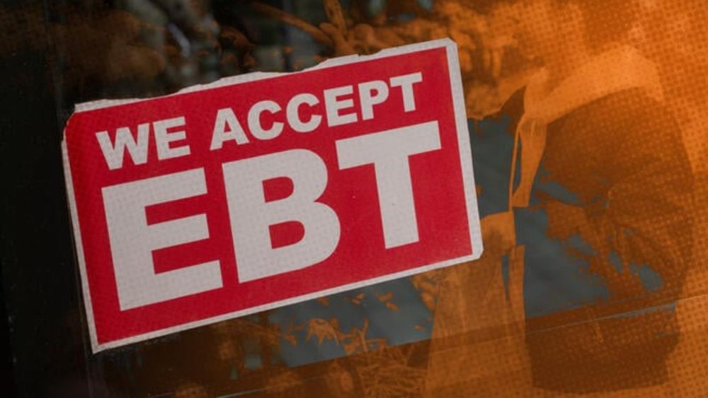 A photo illustration of a student shopping and a sign on a window that reads "we accept EBT."